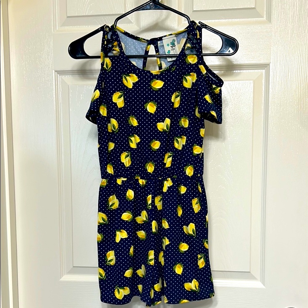 Lily Bleu Navy Romper with Lemons and White Polka Dots